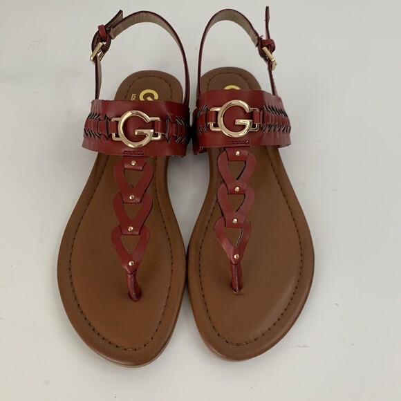 GBG Guess Lovey Sandals Women 6.5 Red Gold Slingback T-Strap Open Toe Summer - Picture 1 of 8